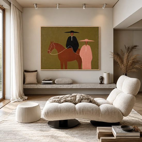 Prairie Pair artwork in a natural wood frame, displayed in a furnished interior (interior view 4).