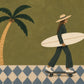 Palm Glide full artwork. A striped figure carries a cream surfboard while riding a skateboard beneath a curved palm tree.