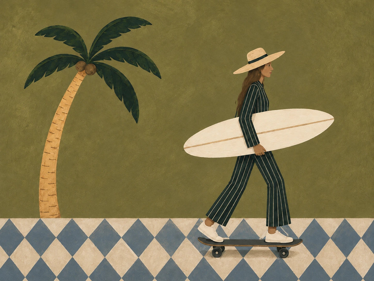 Palm Glide full artwork. A striped figure carries a cream surfboard while riding a skateboard beneath a curved palm tree.