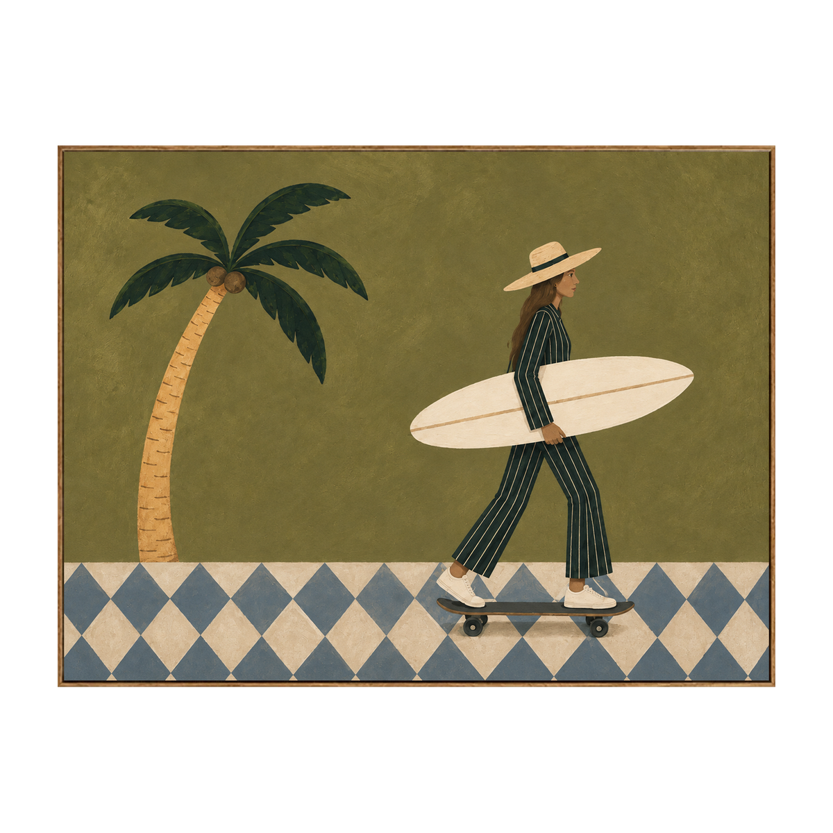 Palm Glide horizontal artwork in a natural wood frame on a transparent background.