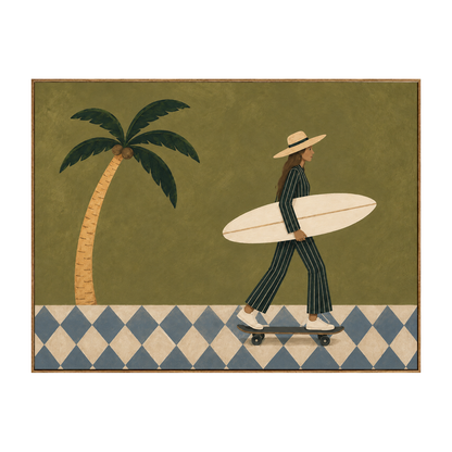 Palm Glide horizontal artwork in a natural wood frame on a transparent background.