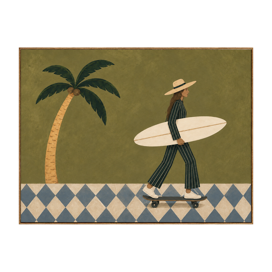 Palm Glide horizontal artwork in a natural wood frame on a transparent background.
