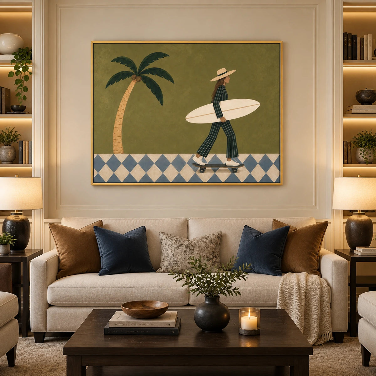 Palm Glide artwork in a gold frame, displayed in a furnished interior (interior view 1).