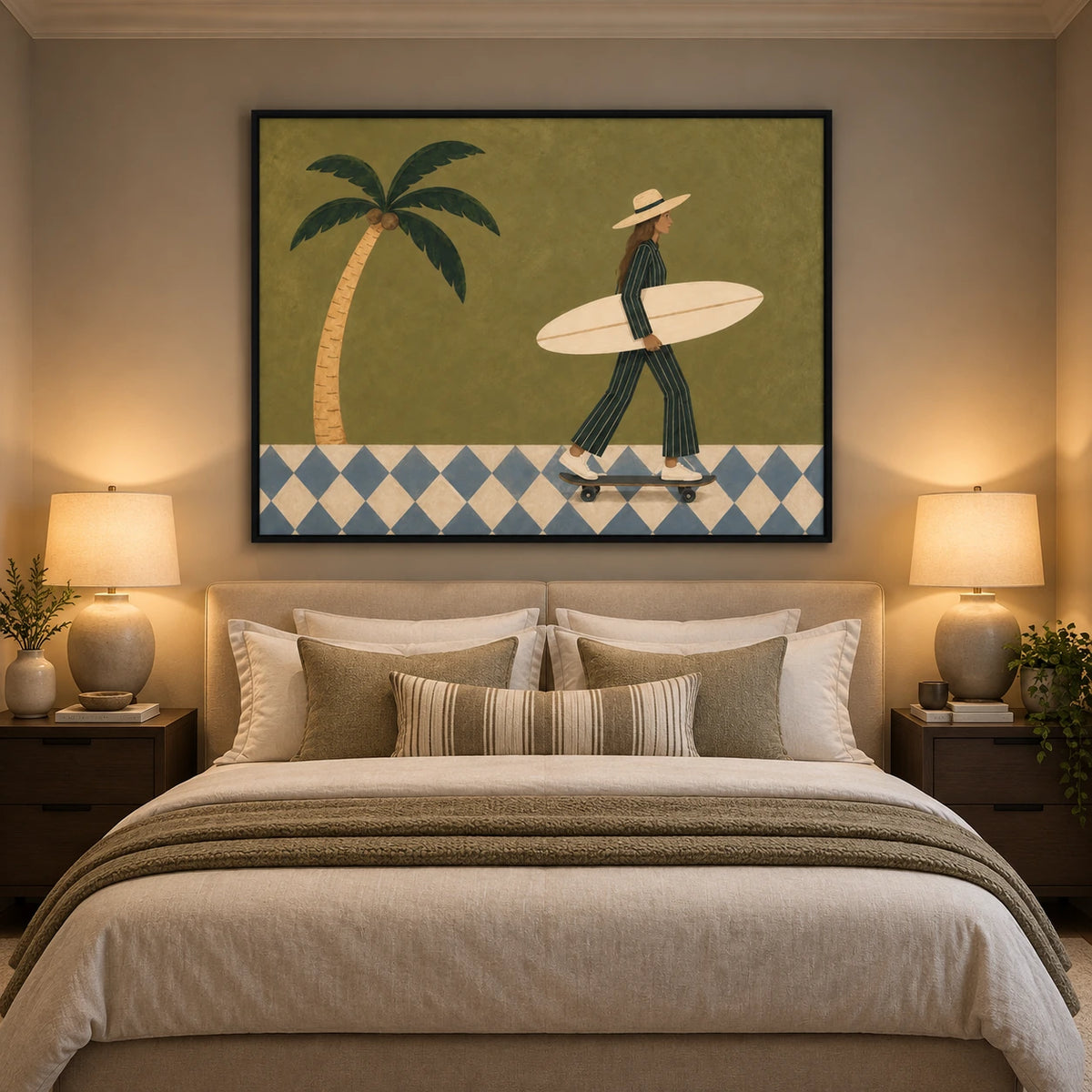 Palm Glide artwork in a black frame, displayed in a furnished interior (interior view 2).