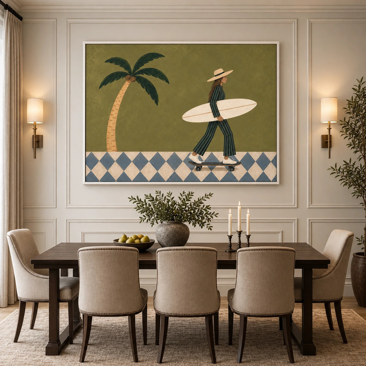 Palm Glide artwork in a white frame, displayed in a furnished interior (interior view 3).