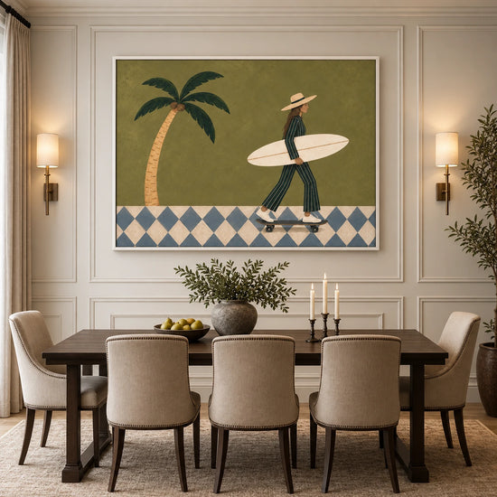 Palm Glide artwork in a white frame, displayed in a furnished interior (interior view 3).