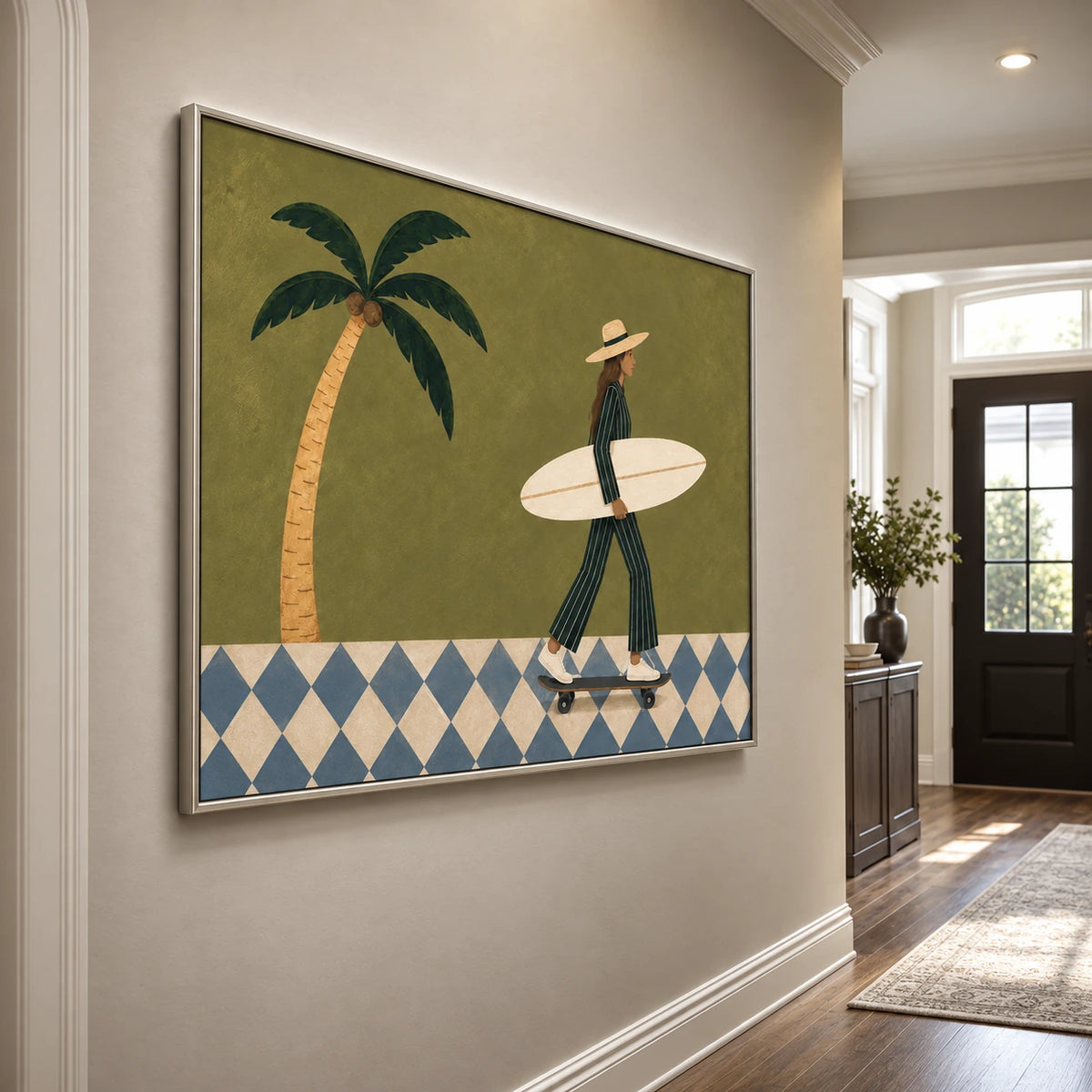 Palm Glide artwork in a silver frame, displayed in a furnished interior (interior view 4).