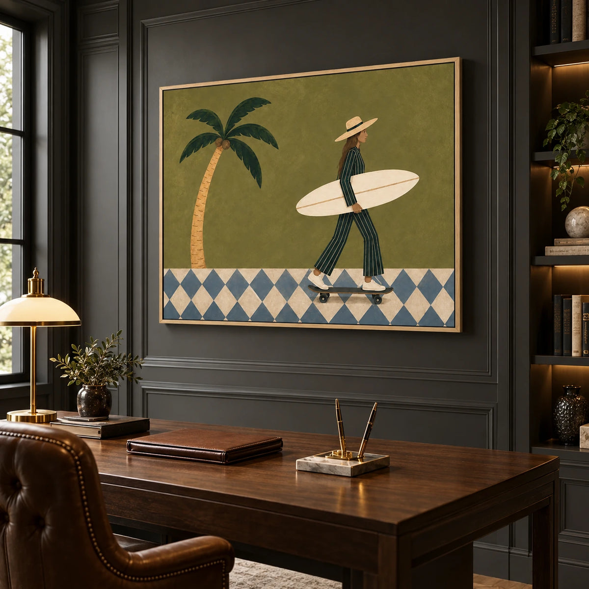 Palm Glide artwork in a natural wood frame, displayed in a furnished interior (interior view 5).