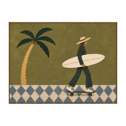 Palm Glide horizontal artwork in a natural wood frame on a transparent background.
