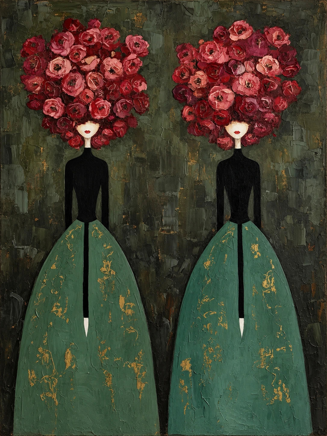 Rose Duet full artwork with two figures wearing green skirts and large crowns of crimson roses against an olive background.