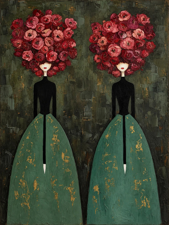 Rose Duet full artwork with two figures wearing green skirts and large crowns of crimson roses against an olive background.