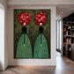 Rose Duet artwork displayed on a pale wall beside dark shelving and a wood floor.