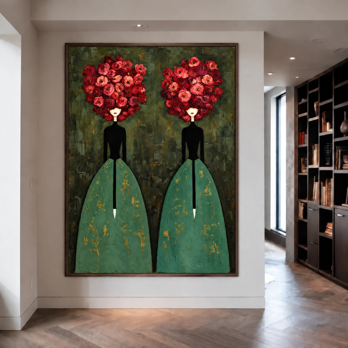Rose Duet artwork displayed on a pale wall beside dark shelving and a wood floor.