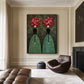 Rose Duet artwork displayed above brown leather seating beside a dark fireplace.