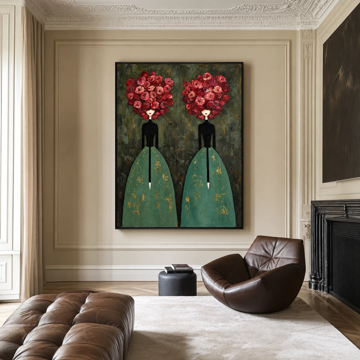 Rose Duet artwork displayed above brown leather seating beside a dark fireplace.
