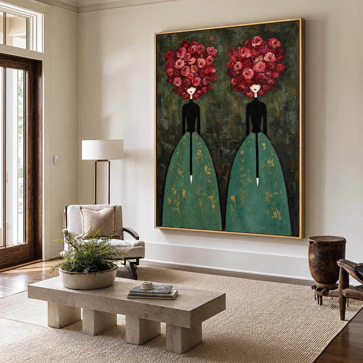 Rose Duet artwork displayed above a stone coffee table in a sunlit sitting room.