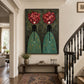 Rose Duet artwork displayed above a narrow console beside a dark staircase.