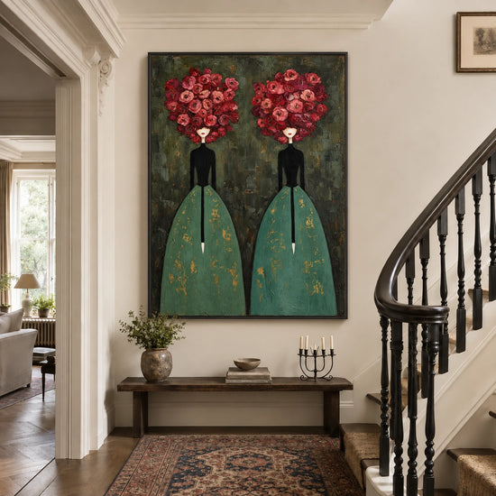 Rose Duet artwork displayed above a narrow console beside a dark staircase.