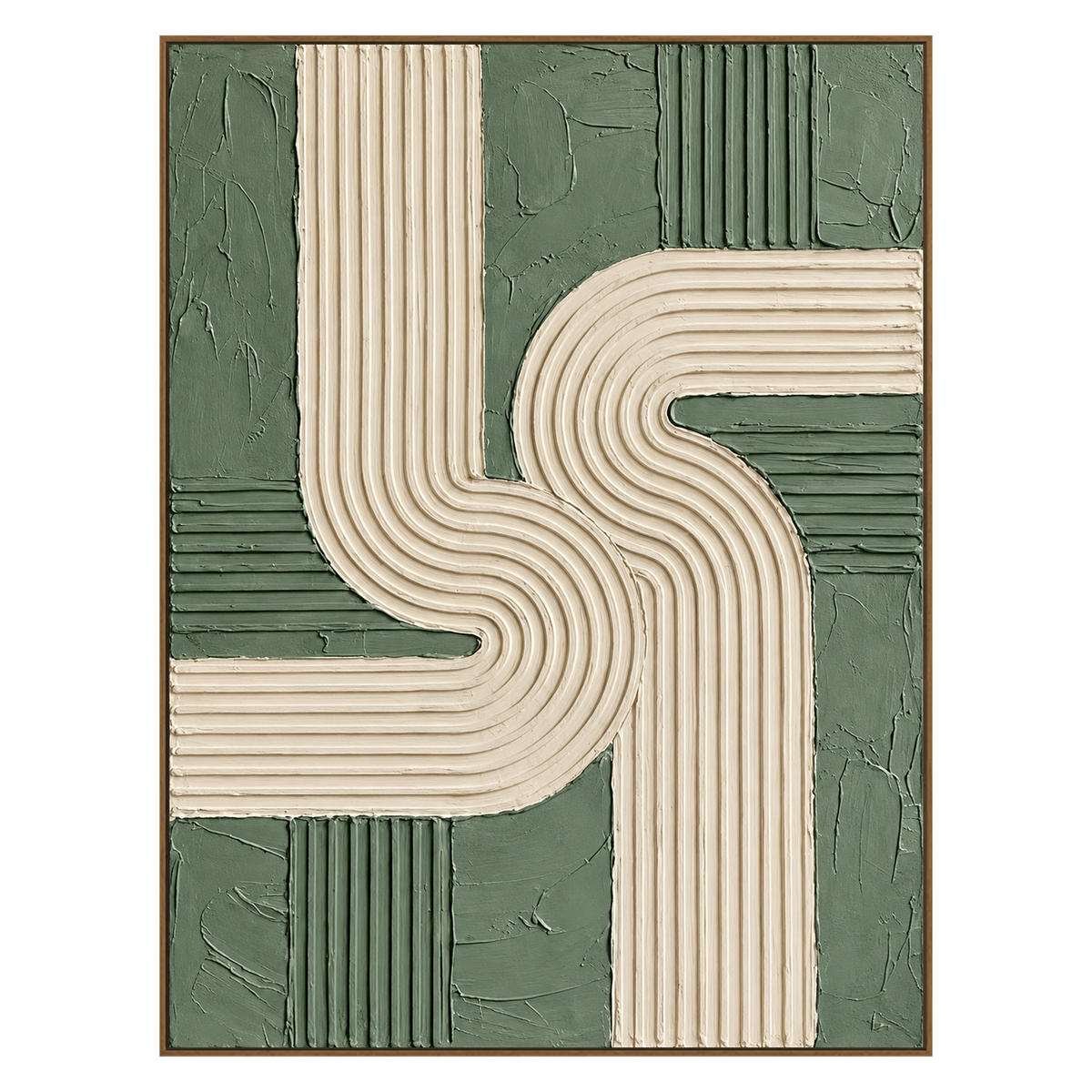 Sage Rhythm vertical artwork in a natural wood frame on a transparent background.
