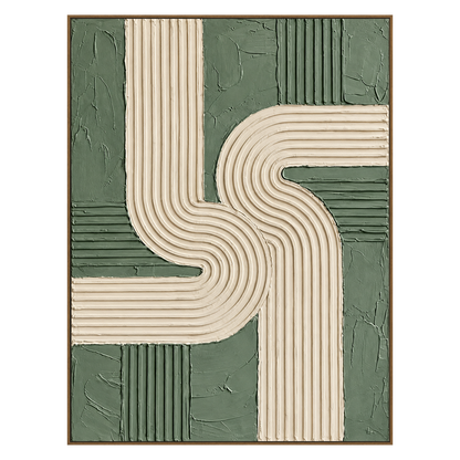 Sage Rhythm vertical artwork in a natural wood frame on a transparent background.
