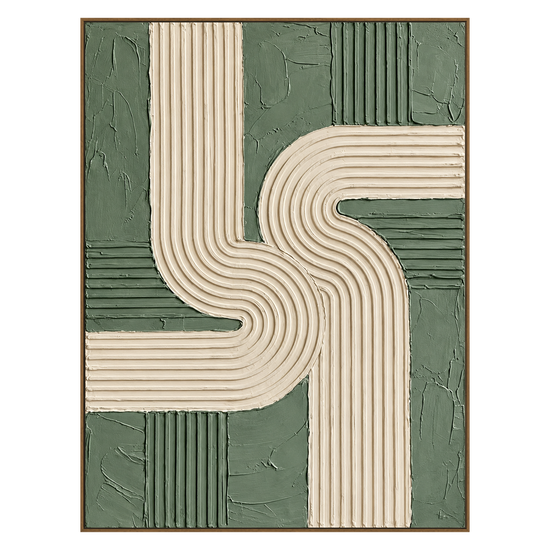 Sage Rhythm vertical artwork in a natural wood frame on a transparent background.