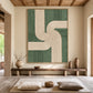 Sage Rhythm artwork displayed above a low wooden bench and floor cushions in a warm wood-lined interior.