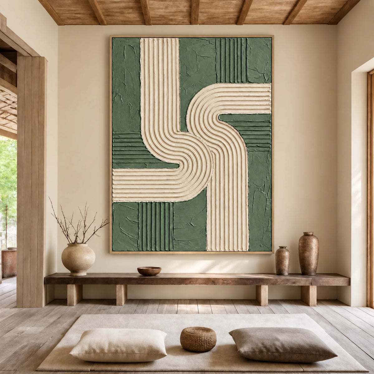 Sage Rhythm artwork displayed above a low wooden bench and floor cushions in a warm wood-lined interior.