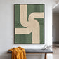 Sage Rhythm artwork displayed above a gray upholstered bench with a mustard throw.