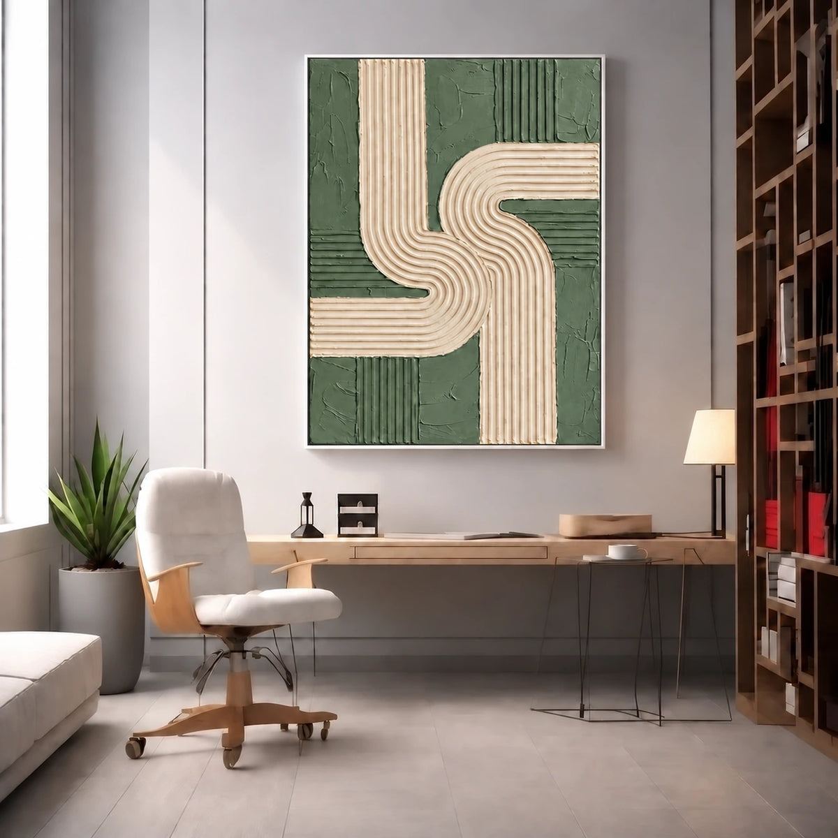Sage Rhythm artwork displayed above a desk and pale office chair beside tall shelving.