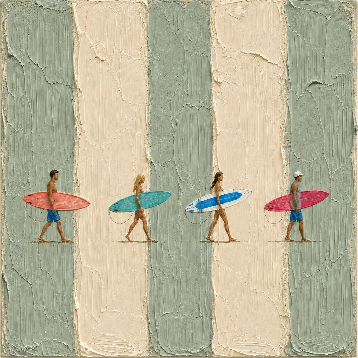 Surf Quartet full artwork with four surfers carrying colorful boards across textured sage and cream stripes.