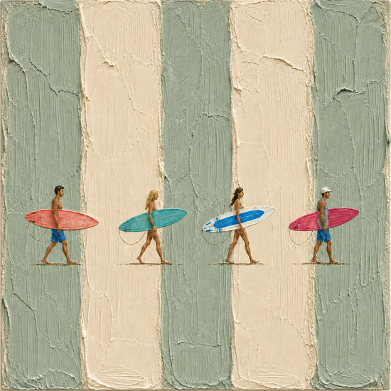 Surf Quartet full artwork with four surfers carrying colorful boards across textured sage and cream stripes.