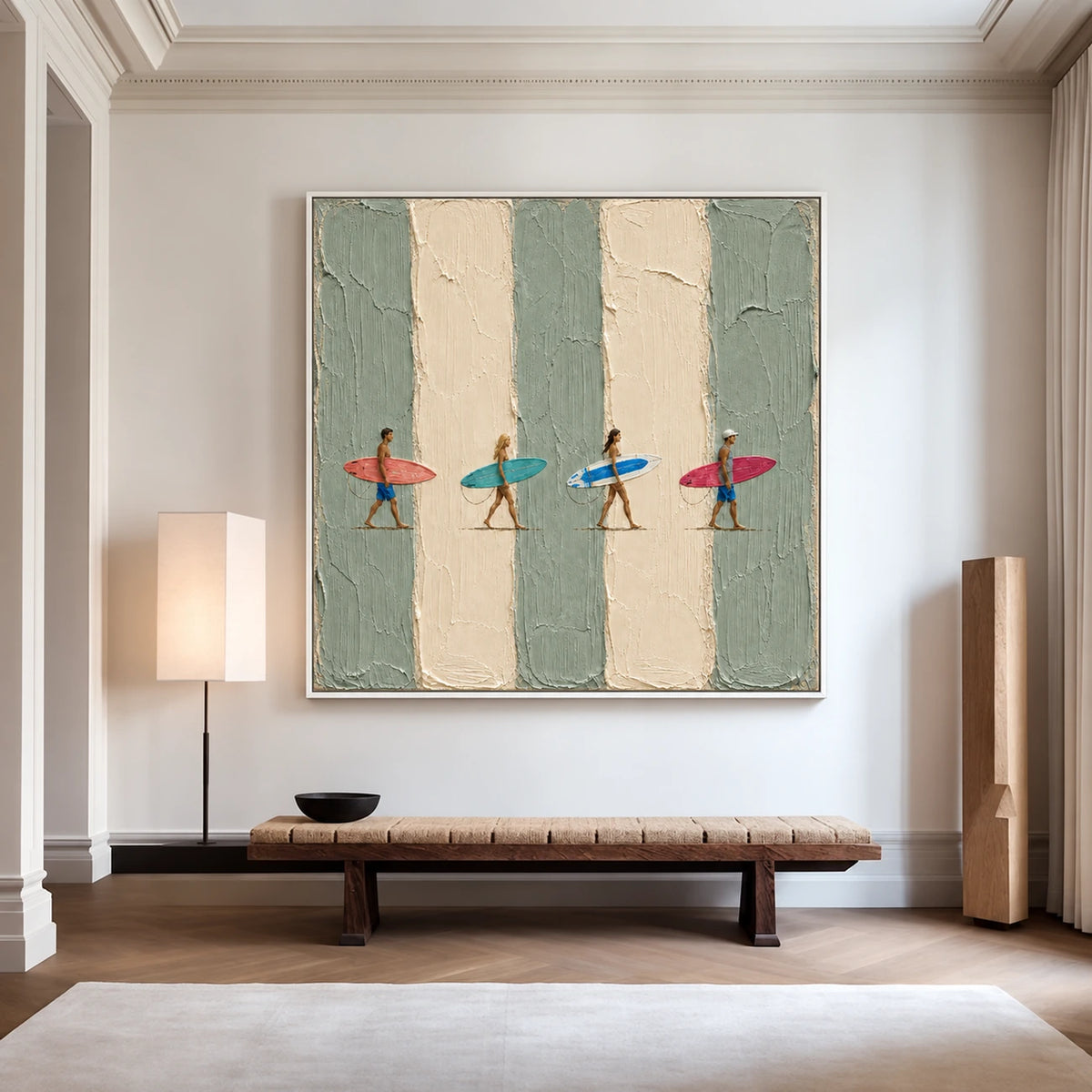 Surf Quartet artwork displayed above a dark wooden bench between floor lamps.