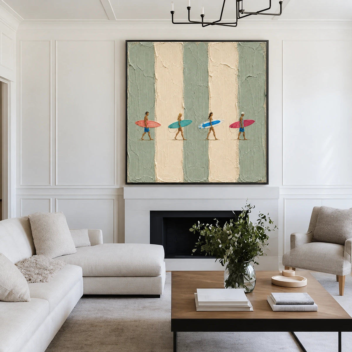 Surf Quartet artwork displayed above a dark fireplace in a white living room.