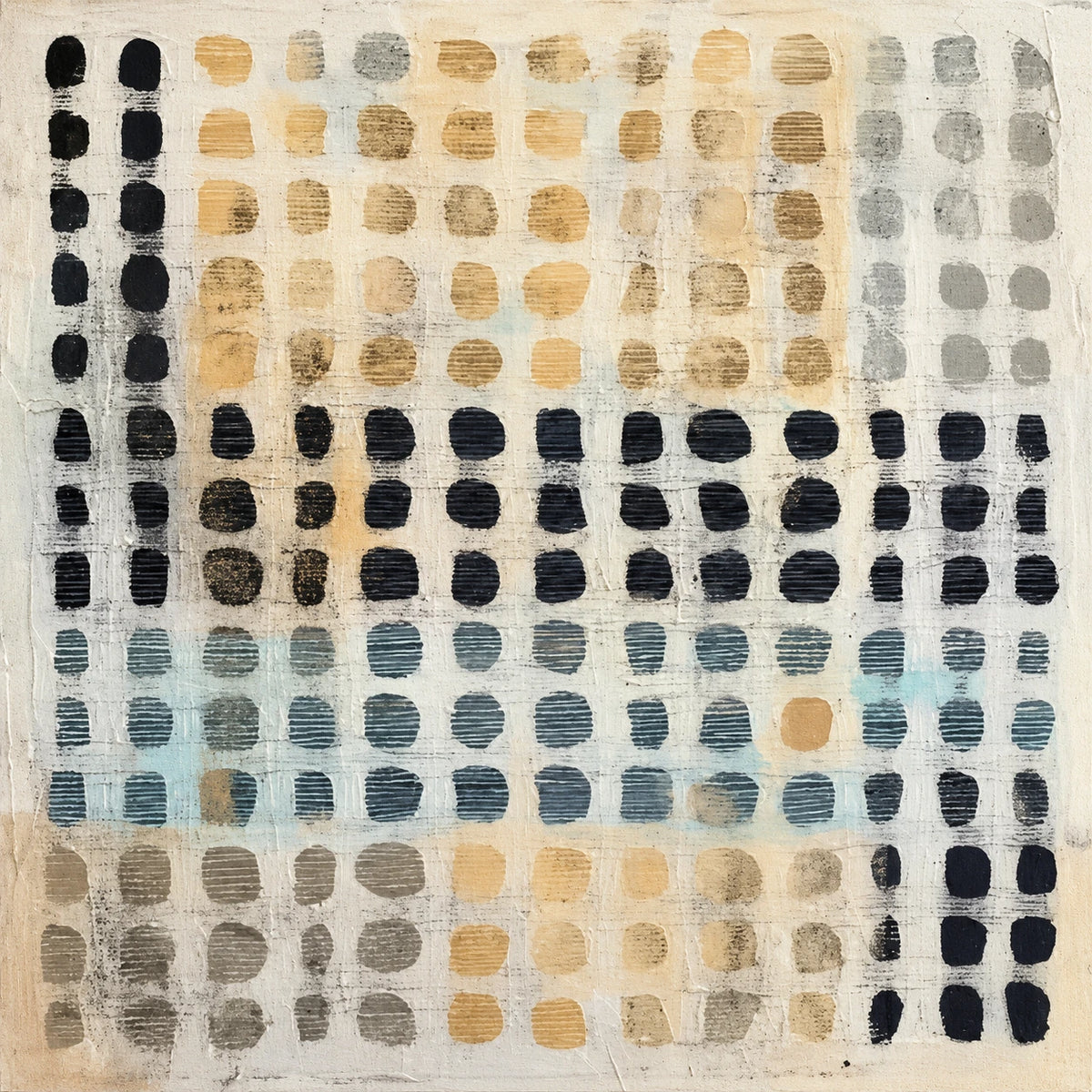 Pebble Grid full artwork with rounded charcoal, ochre, blue and gray marks arranged in a grid on cream.