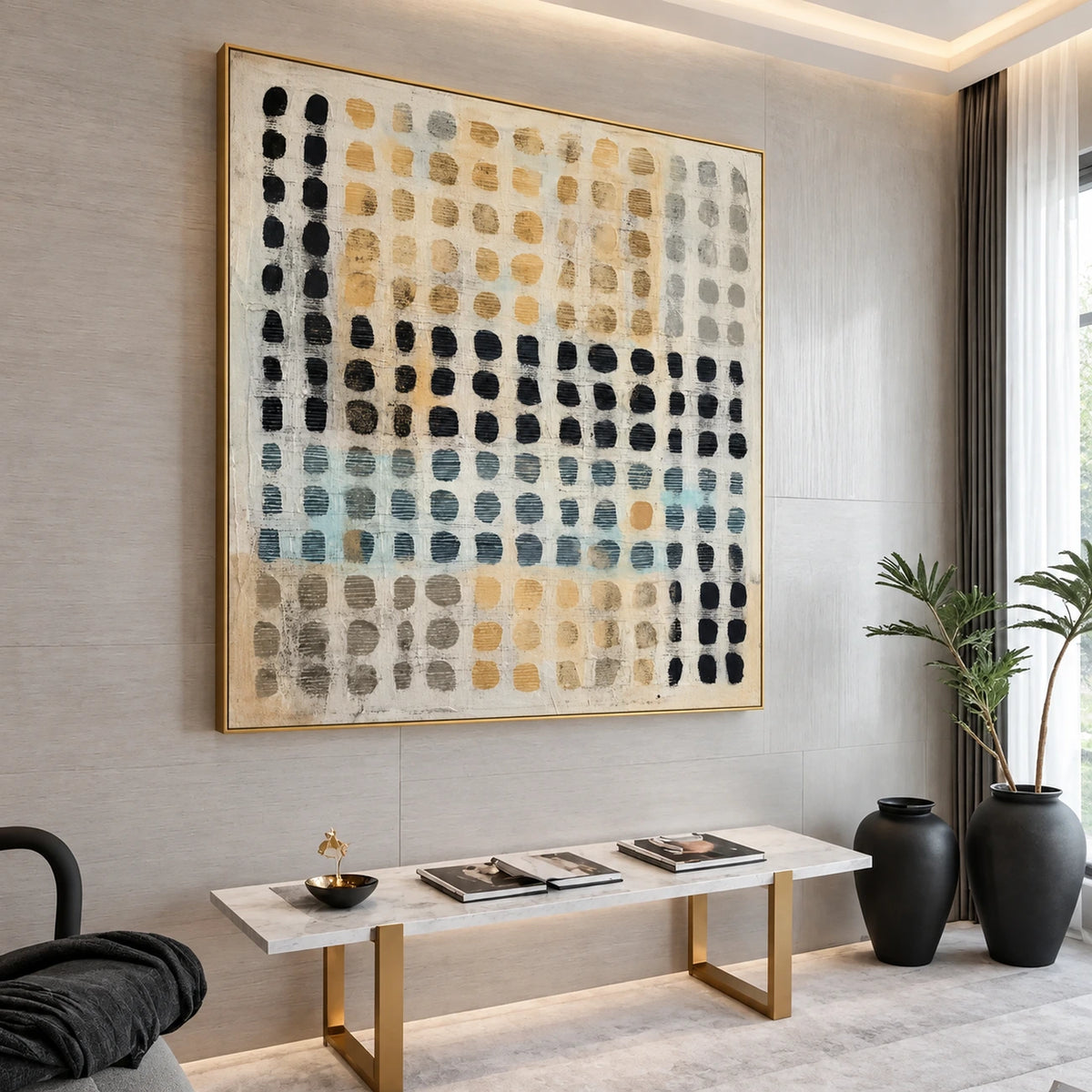 Pebble Grid artwork displayed above a low stone-topped bench in a softly lit interior.