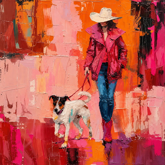 Scarlet Stroll full artwork with a red-jacketed figure in a white hat walking a black-and-white dog against coral and orange brushwork.