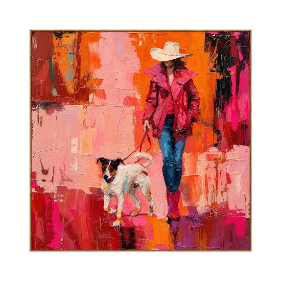 Scarlet Stroll square artwork in a natural wood frame on a transparent background.
