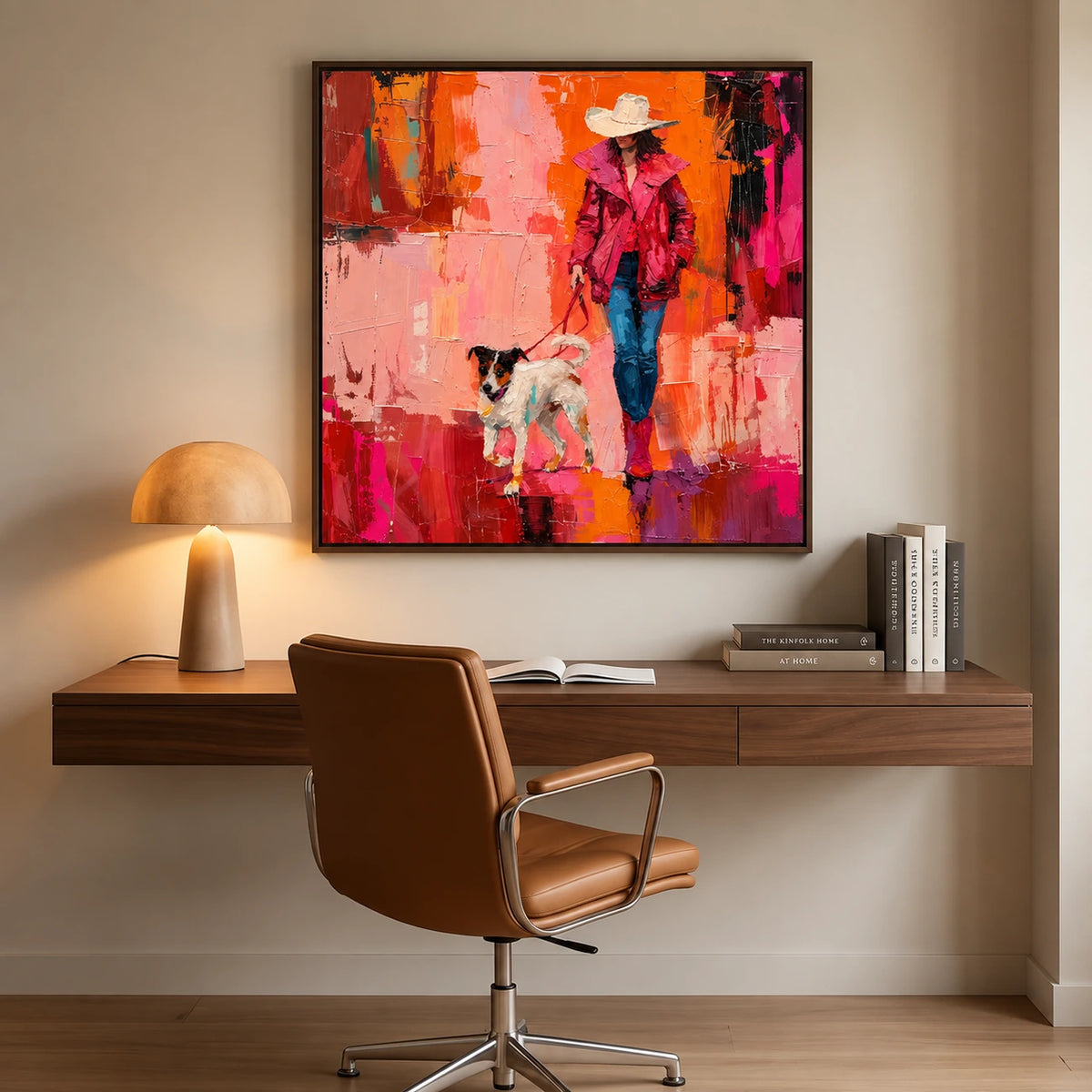 Scarlet Stroll artwork displayed above a wooden desk with a brown chair and a warm table lamp.