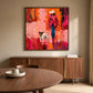 Scarlet Stroll artwork displayed above a wooden sideboard beside a round dining table.