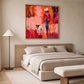 Scarlet Stroll artwork displayed above a bed with neutral bedding and a tall floor lamp.