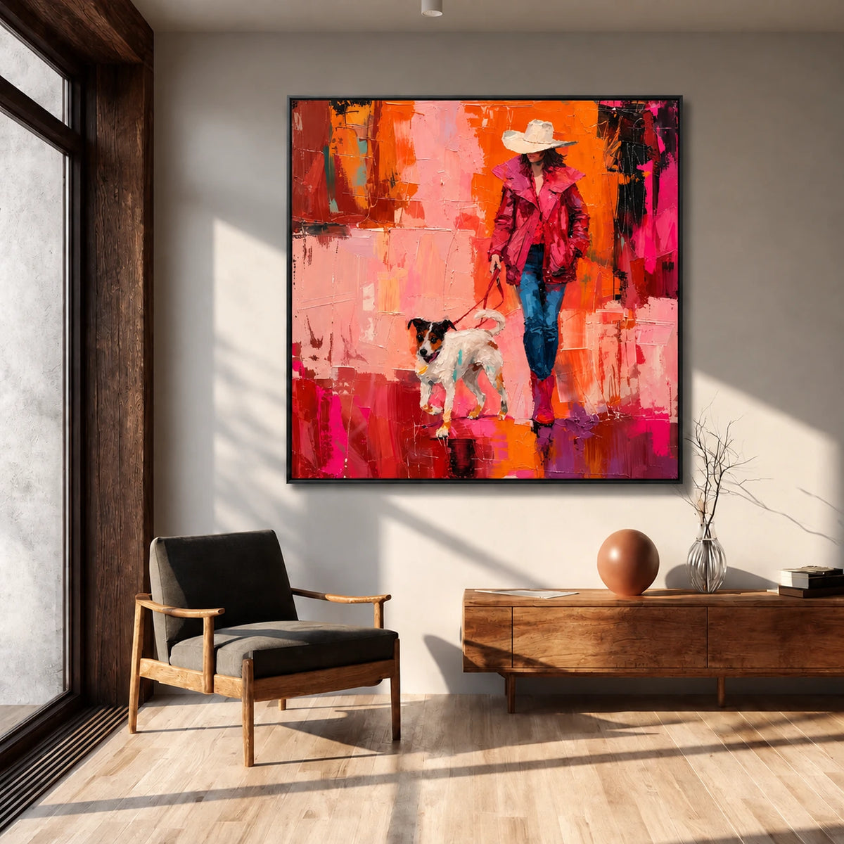 Scarlet Stroll artwork displayed beside tall windows above a low wooden cabinet and a dark lounge chair.
