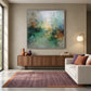 Mistbound Light artwork displayed above a wooden sideboard and a patterned rug.