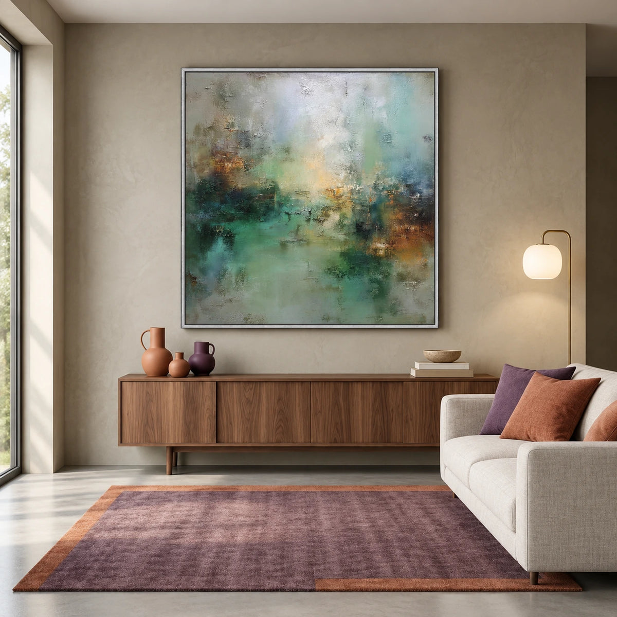 Mistbound Light artwork displayed above a wooden sideboard and a patterned rug.
