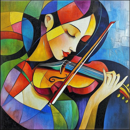 Chromatic Strings full artwork with a violinist bows her head toward a glowing orange instrument, surrounded by interlocking fields of blue, green, red and yellow.