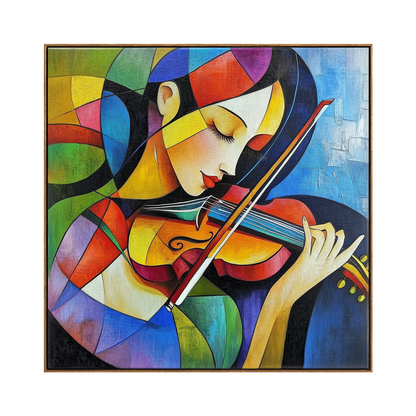 Chromatic Strings square artwork in a natural wood frame on a transparent background.