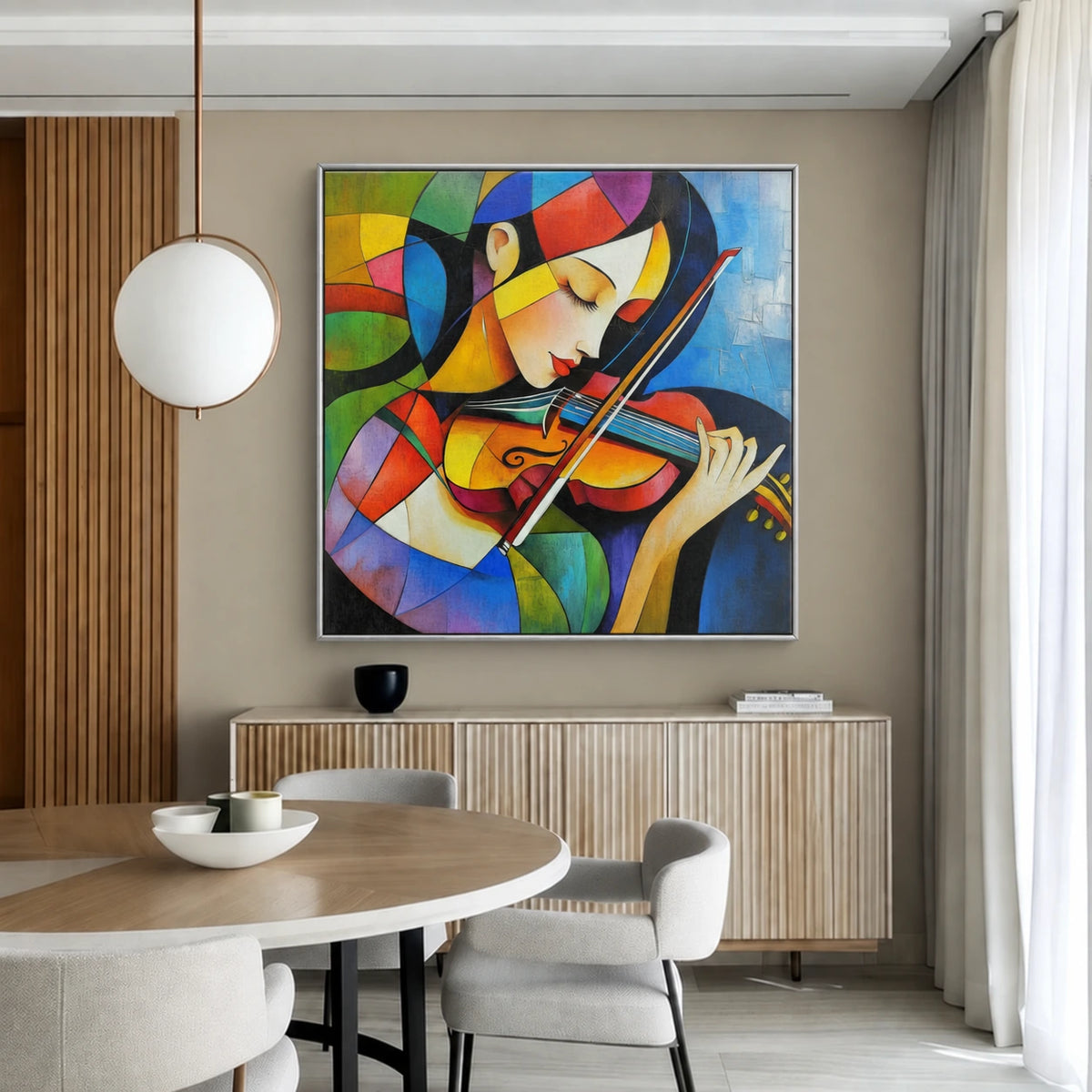 Chromatic Strings artwork displayed beside a round dining table and pale upholstered chairs.