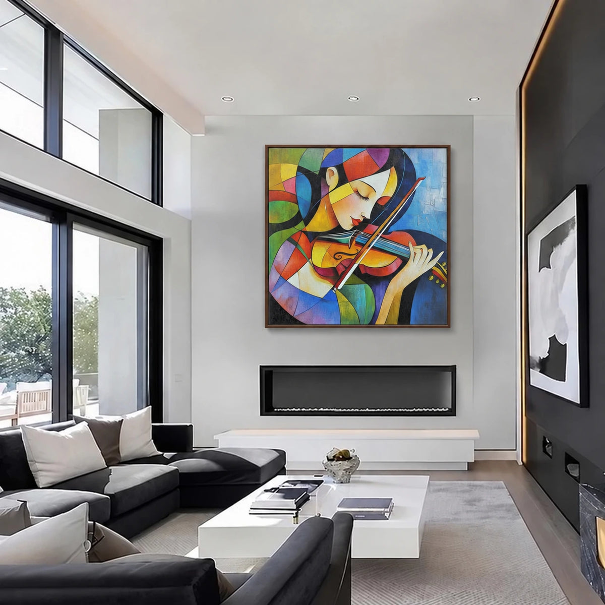 Chromatic Strings artwork displayed above a fireplace in a bright double-height living room.