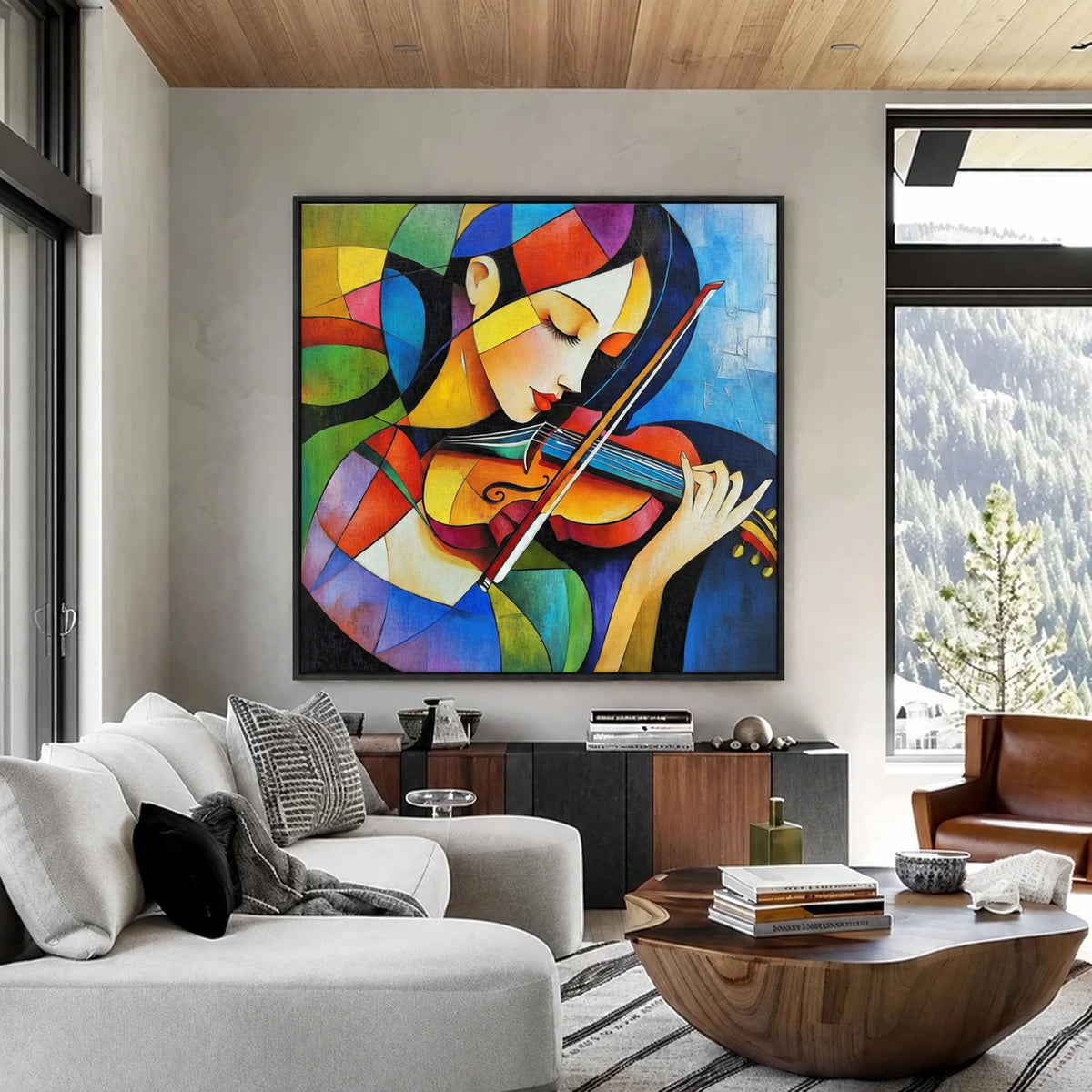 Chromatic Strings artwork displayed above a console beside gray seating and tall windows.