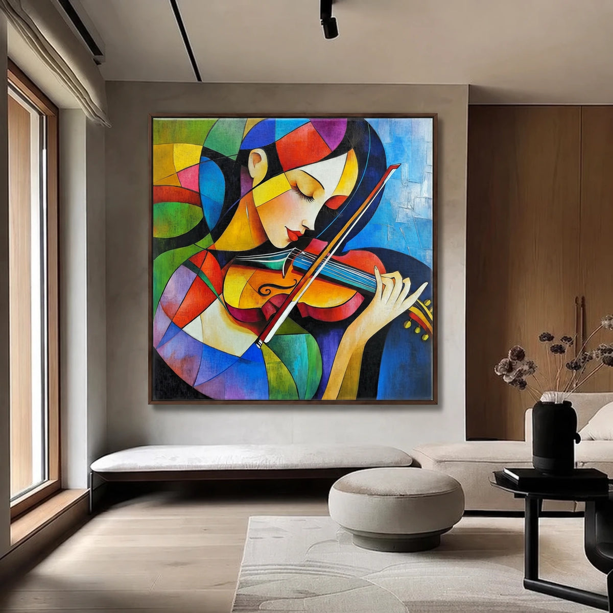 Chromatic Strings artwork displayed above a pale bench beside tall windows.