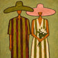 Olive Vows full artwork with two slender figures stand together beneath oversized olive and pink hats, their striped clothing echoing the vertical composition within the square canvas.